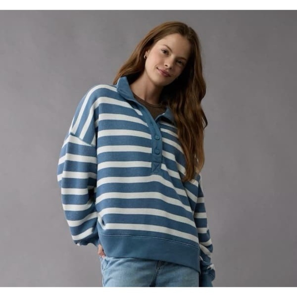 American Eagle Sweatshirt Womens S Top Big Hug Henley Striped Blue Lived In - Picture 10 of 10